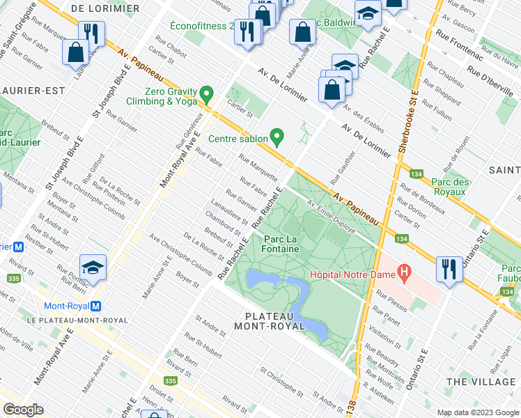 map of restaurants, bars, coffee shops, grocery stores, and more near 1455 Rue Rachel Est in Montréal