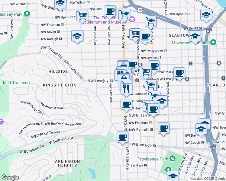 map of restaurants, bars, coffee shops, grocery stores, and more near 2368 Northwest Lovejoy Street in Portland