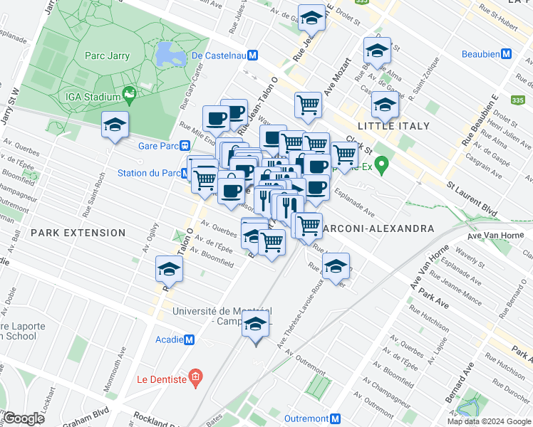 map of restaurants, bars, coffee shops, grocery stores, and more near 6931 Rue Hutchison in Montreal