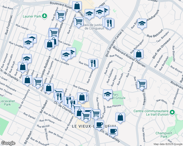 map of restaurants, bars, coffee shops, grocery stores, and more near Rue Verreau in Longueuil