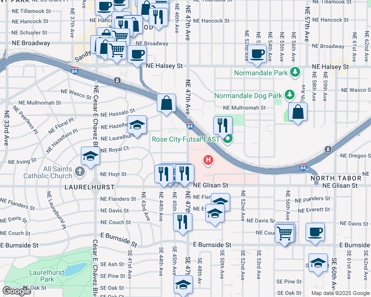 map of restaurants, bars, coffee shops, grocery stores, and more near 4621 Northeast Royal Court in Portland