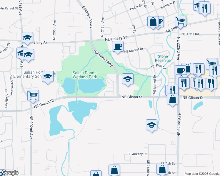 map of restaurants, bars, coffee shops, grocery stores, and more near 20699 Northeast Glisan Street in Fairview