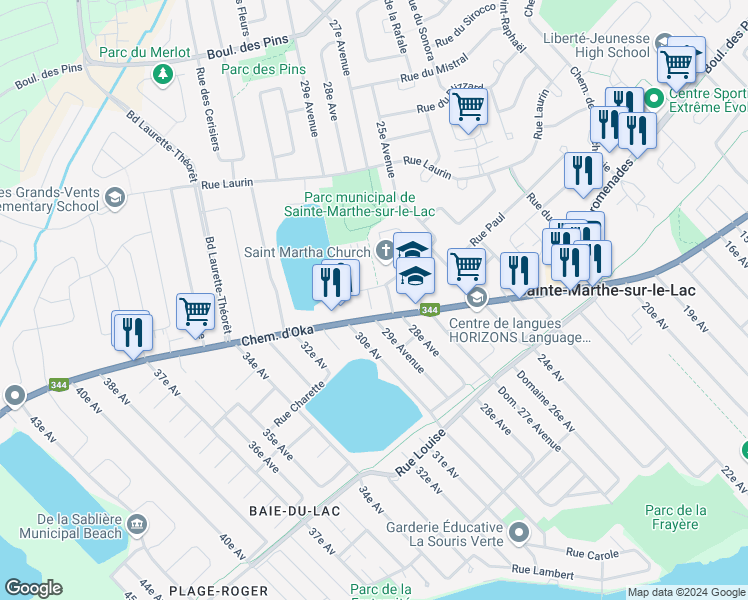 map of restaurants, bars, coffee shops, grocery stores, and more near 3076 Rue Sainte-Madeleine in Sainte-Marthe-sur-le-Lac