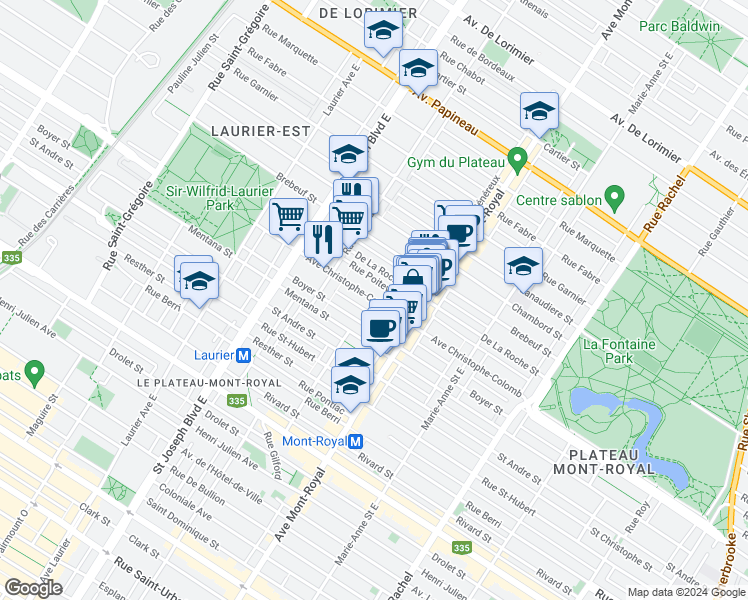 map of restaurants, bars, coffee shops, grocery stores, and more near 4597 Avenue Christophe-Colomb in Montréal