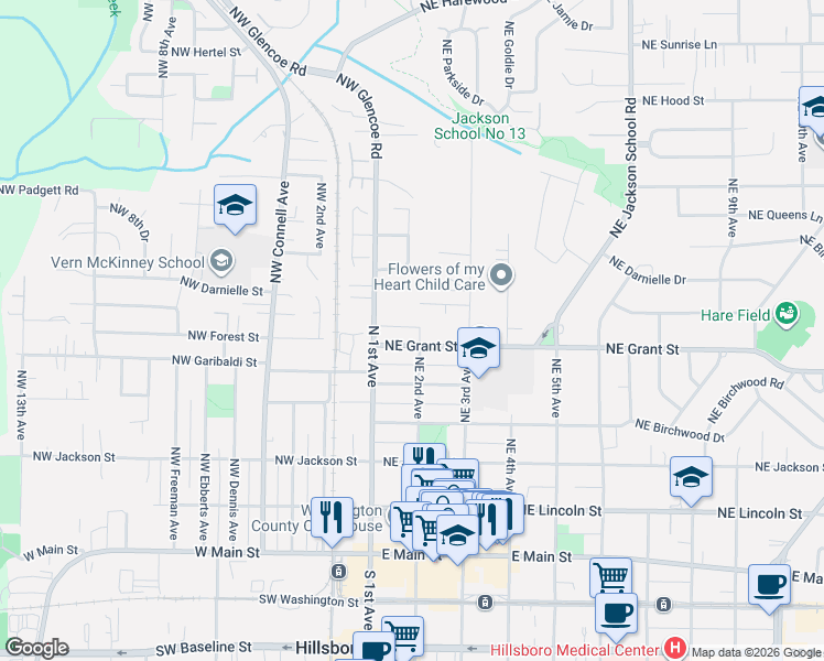 map of restaurants, bars, coffee shops, grocery stores, and more near 625 Northeast 2nd Avenue in Hillsboro
