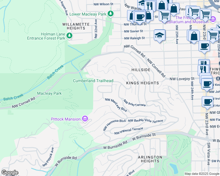 map of restaurants, bars, coffee shops, grocery stores, and more near 3008 Northwest Greenbriar Terrace in Portland