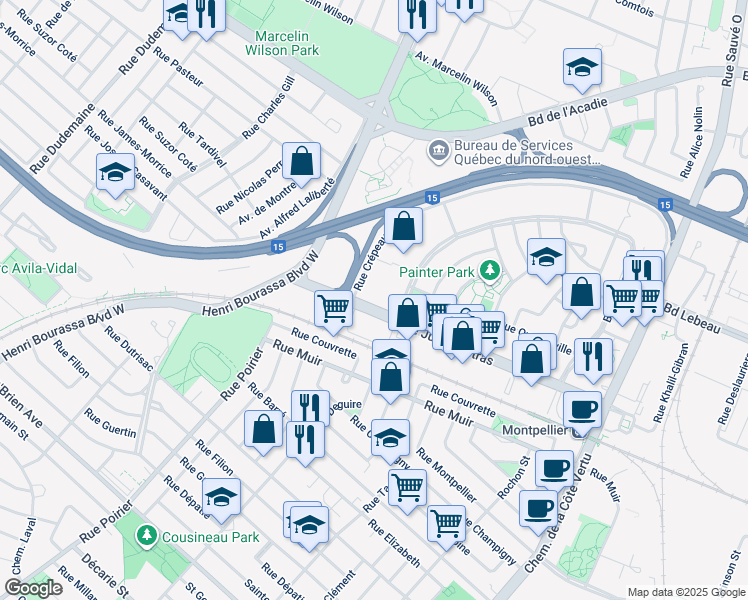 map of restaurants, bars, coffee shops, grocery stores, and more near 1615 Boulevard Jules Poitras in Montréal