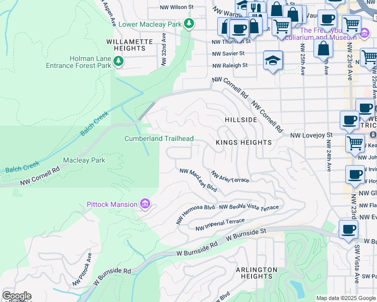 map of restaurants, bars, coffee shops, grocery stores, and more near 3008 Northwest Greenbriar Terrace in Portland