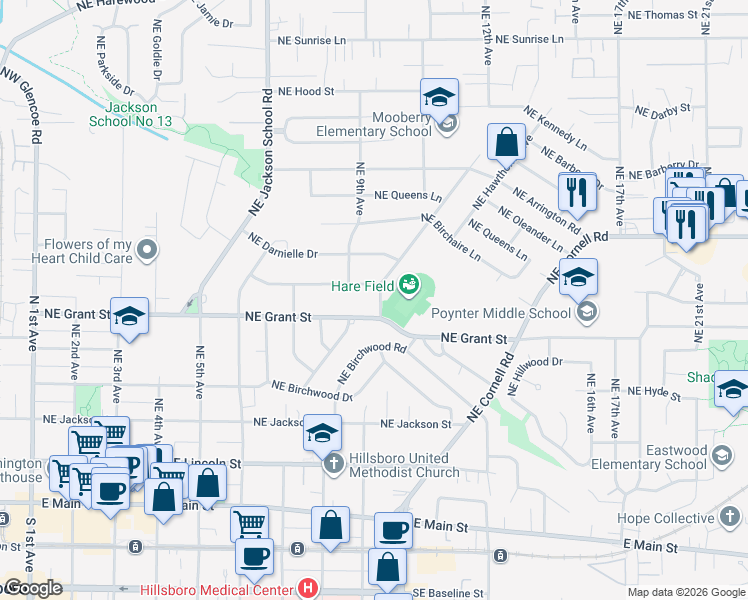 map of restaurants, bars, coffee shops, grocery stores, and more near 735 Northeast Delsey Road in Hillsboro