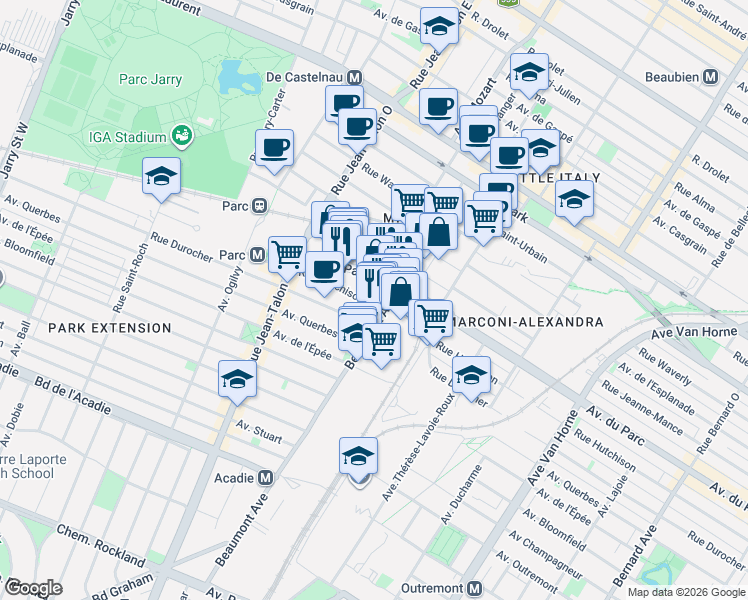 map of restaurants, bars, coffee shops, grocery stores, and more near 6931 Rue Hutchison in Montreal