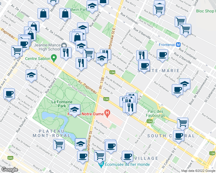 map of restaurants, bars, coffee shops, grocery stores, and more near 2350 Rue Dorion in Montréal