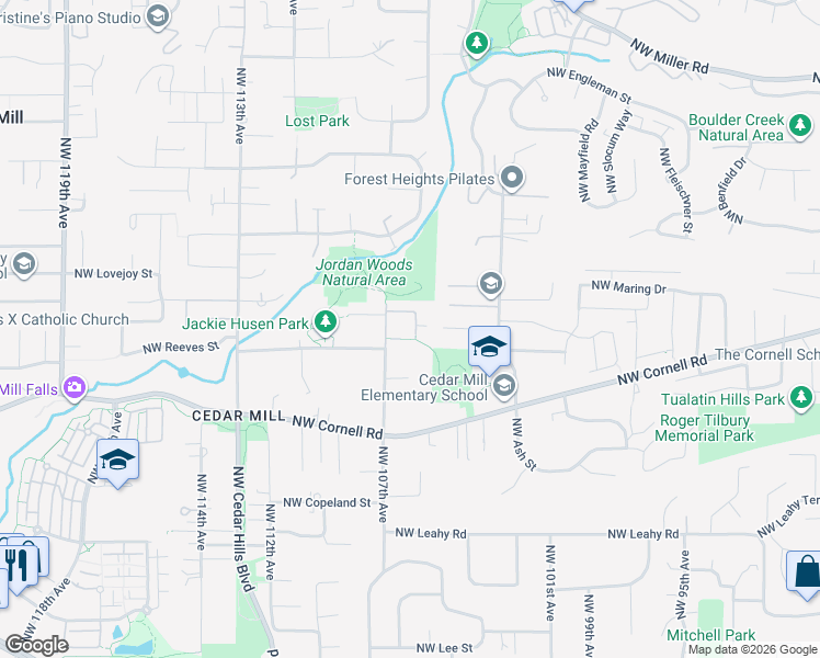 map of restaurants, bars, coffee shops, grocery stores, and more near 10541 Northwest Jordan Lane in Portland