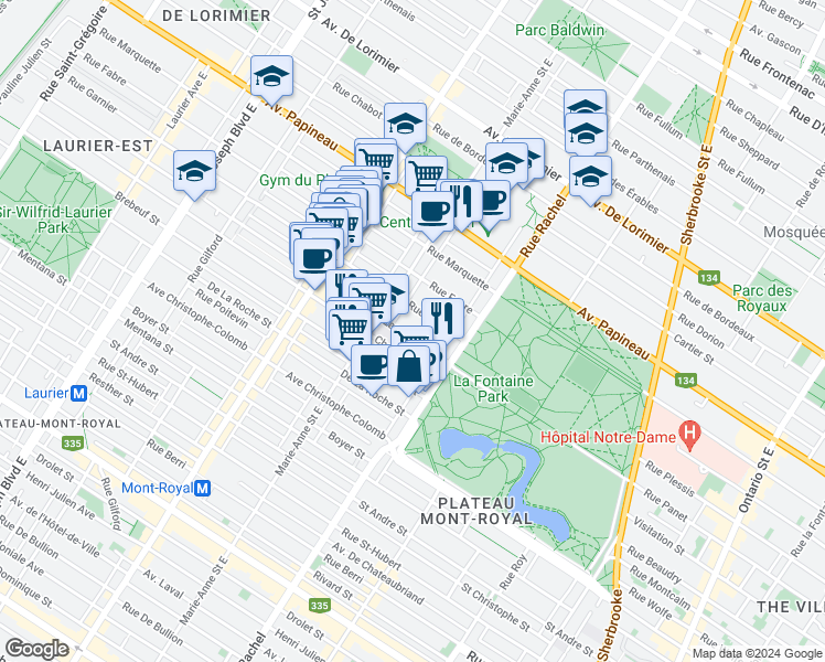 map of restaurants, bars, coffee shops, grocery stores, and more near 4289 Rue de Lanaudière in Montréal