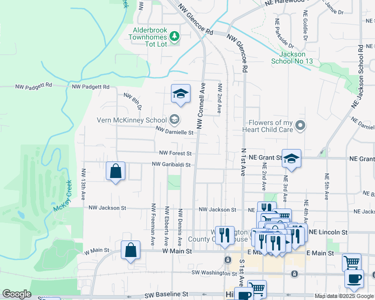 map of restaurants, bars, coffee shops, grocery stores, and more near 693 Northwest Connell Avenue in Hillsboro