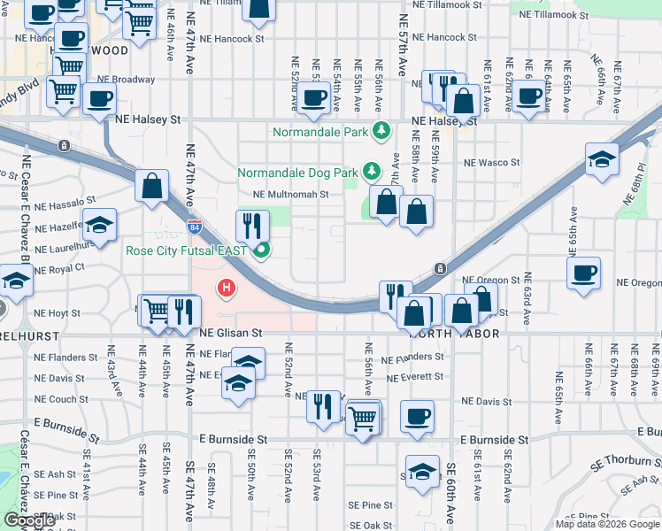 map of restaurants, bars, coffee shops, grocery stores, and more near 830-836 Northeast 53rd Avenue in Portland