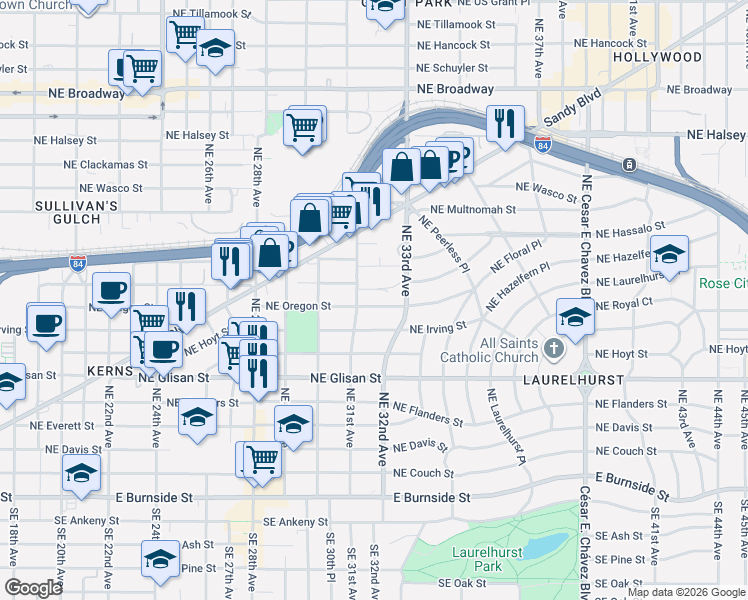 map of restaurants, bars, coffee shops, grocery stores, and more near 3067 Northeast Pacific Street in Portland