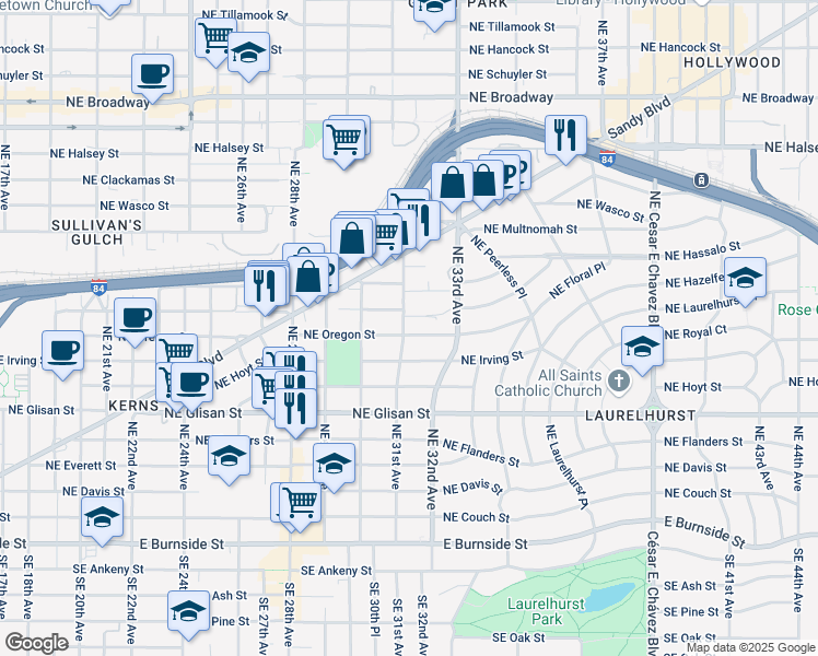 map of restaurants, bars, coffee shops, grocery stores, and more near 3067 Northeast Pacific Street in Portland