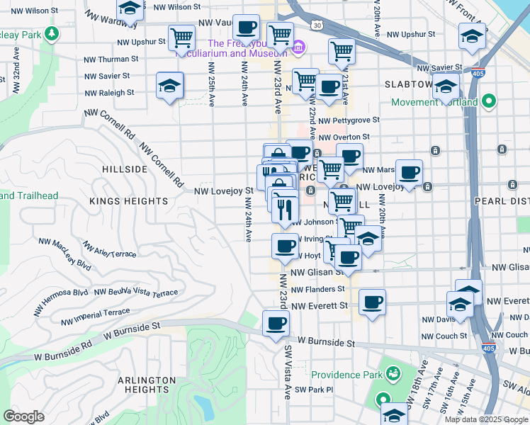 map of restaurants, bars, coffee shops, grocery stores, and more near 2368 Northwest Lovejoy Street in Portland