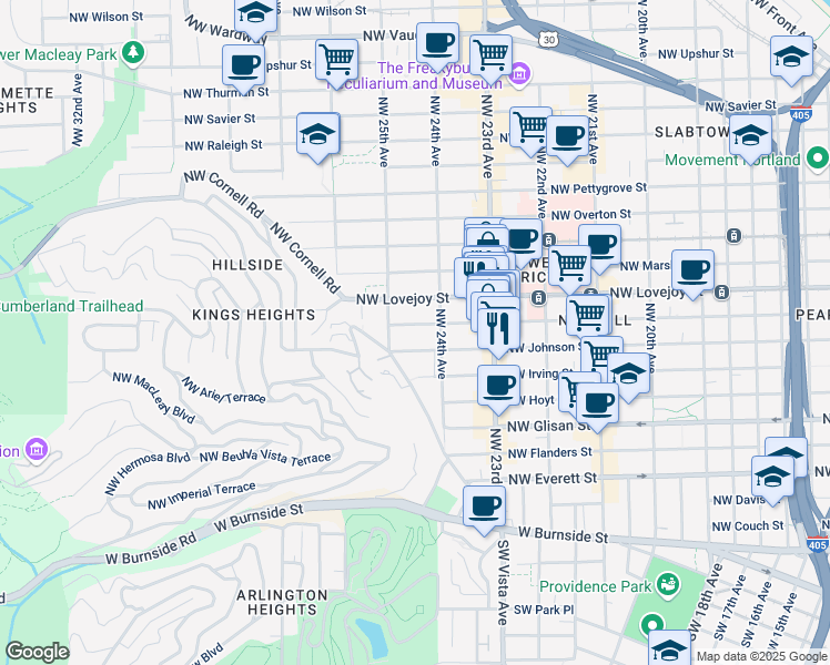 map of restaurants, bars, coffee shops, grocery stores, and more near 2424 Northwest Lovejoy Street in Portland