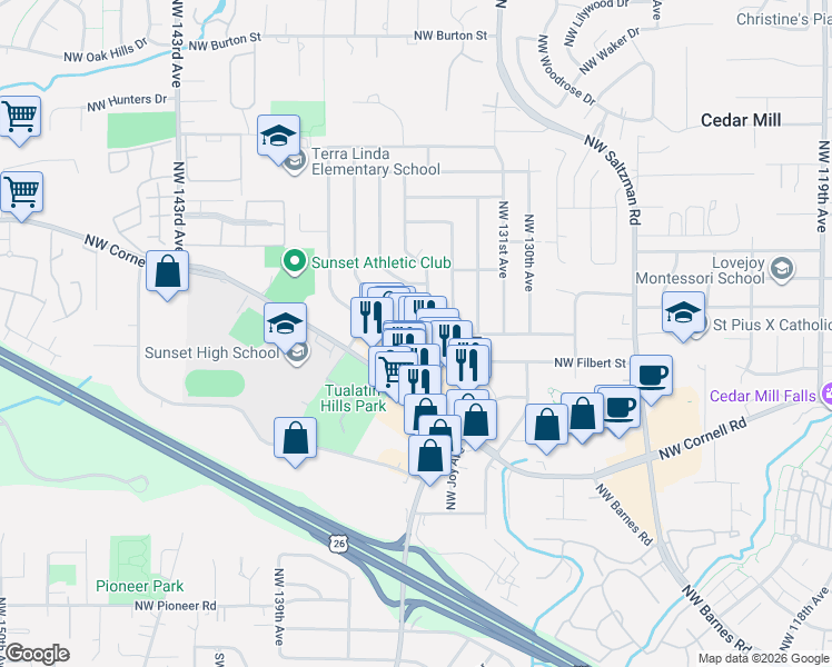map of restaurants, bars, coffee shops, grocery stores, and more near 1400 Northwest 137th Avenue in Portland