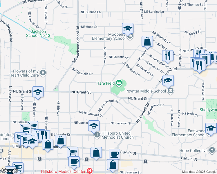 map of restaurants, bars, coffee shops, grocery stores, and more near 735 Northeast Delsey Road in Hillsboro