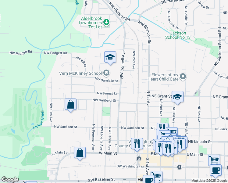 map of restaurants, bars, coffee shops, grocery stores, and more near 693 Northwest Connell Avenue in Hillsboro