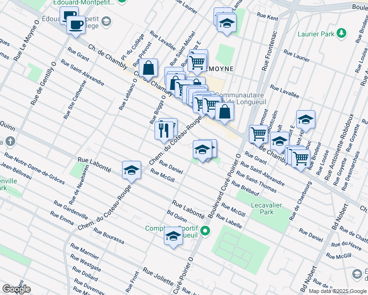 map of restaurants, bars, coffee shops, grocery stores, and more near 280 Chemin du Coteau-Rouge in Longueuil