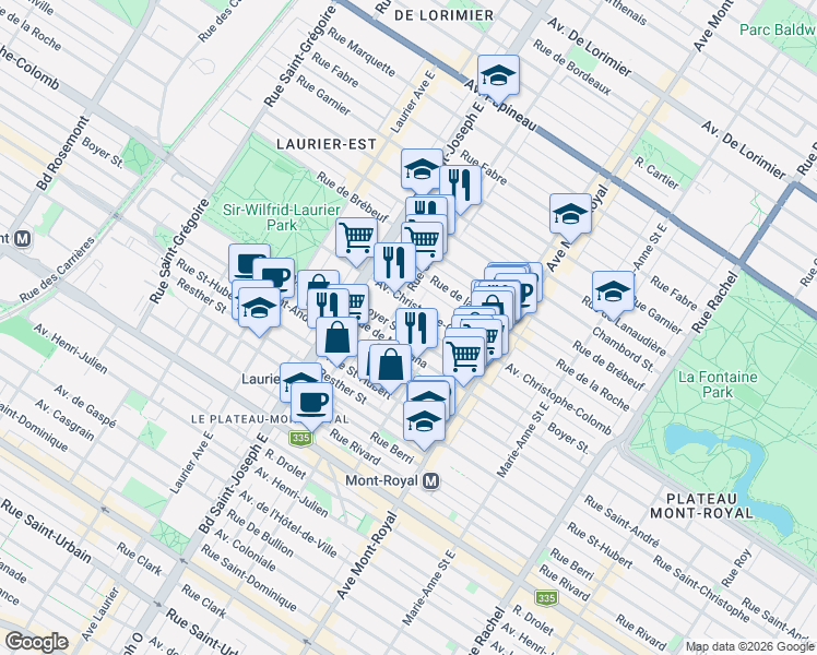 map of restaurants, bars, coffee shops, grocery stores, and more near 4703 Rue Boyer in Montréal