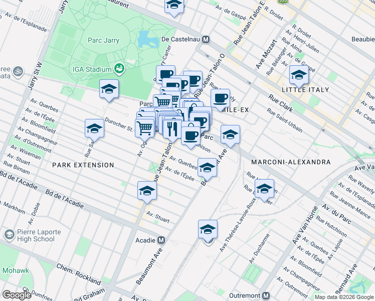 map of restaurants, bars, coffee shops, grocery stores, and more near 7049 Rue Durocher in Montréal