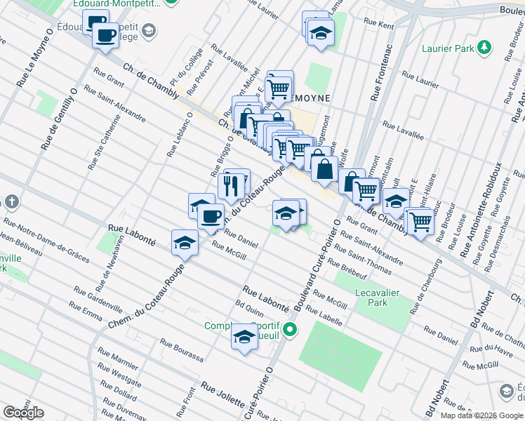 map of restaurants, bars, coffee shops, grocery stores, and more near 280 Chemin du Coteau-Rouge in Longueuil