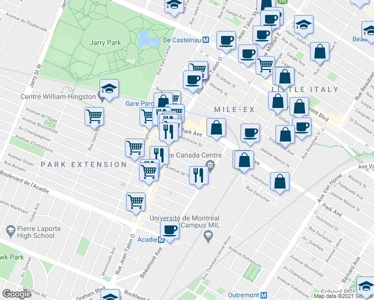 map of restaurants, bars, coffee shops, grocery stores, and more near 7049 Rue Durocher in Montréal