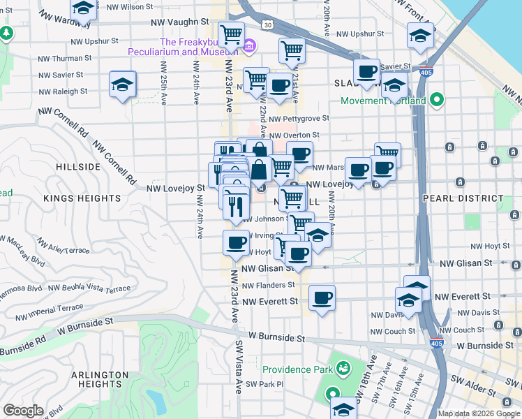 map of restaurants, bars, coffee shops, grocery stores, and more near in Portland