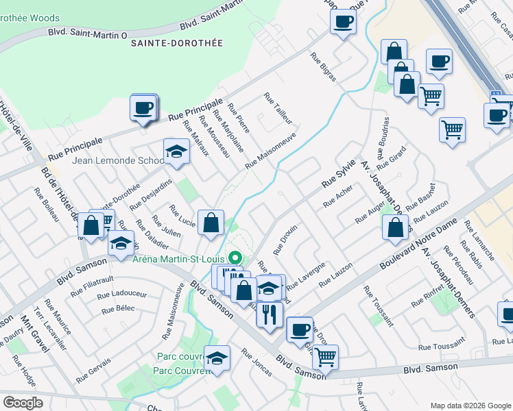map of restaurants, bars, coffee shops, grocery stores, and more near 870 Croissant Verneau in Laval