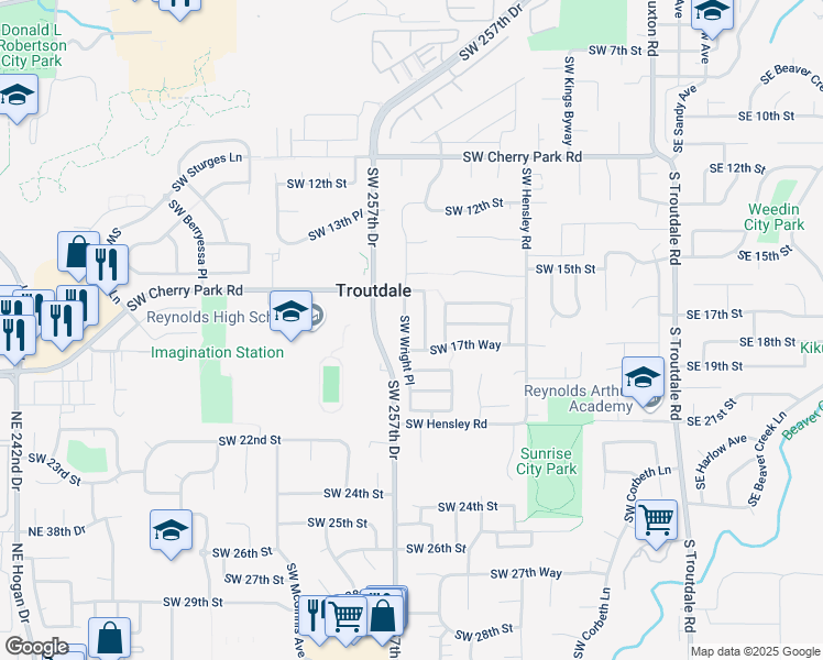 map of restaurants, bars, coffee shops, grocery stores, and more near 1623 Southwest Wright Place in Troutdale