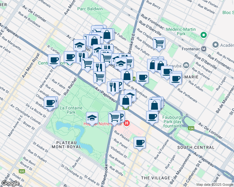 map of restaurants, bars, coffee shops, grocery stores, and more near in Montreal