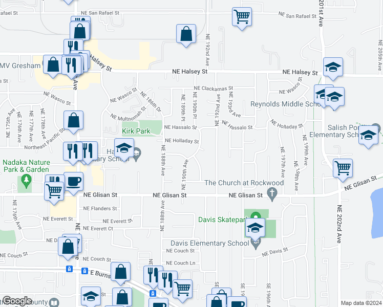 map of restaurants, bars, coffee shops, grocery stores, and more near 811 Northeast 191st Avenue in Portland