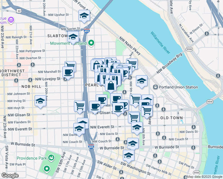 map of restaurants, bars, coffee shops, grocery stores, and more near in Portland