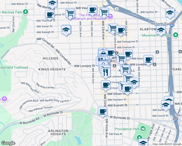 map of restaurants, bars, coffee shops, grocery stores, and more near 831 Northwest 24th Avenue in Portland