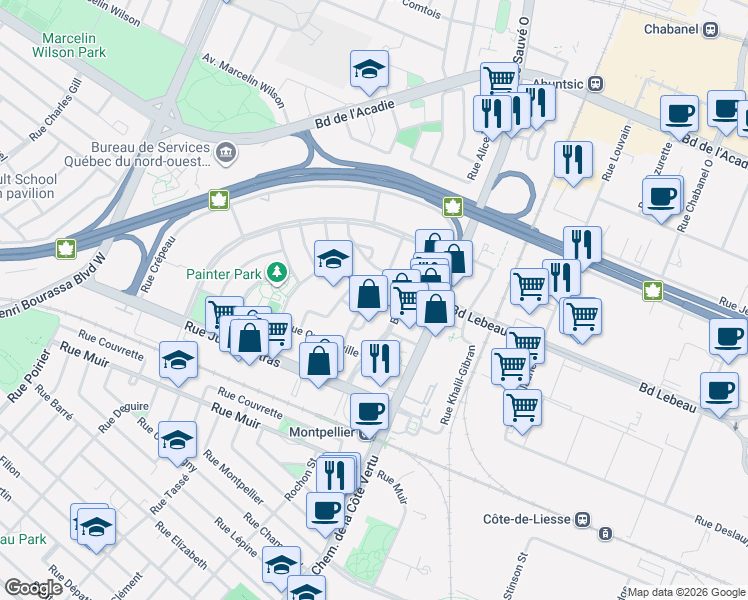 map of restaurants, bars, coffee shops, grocery stores, and more near 1202 Rue Chameran in Montréal