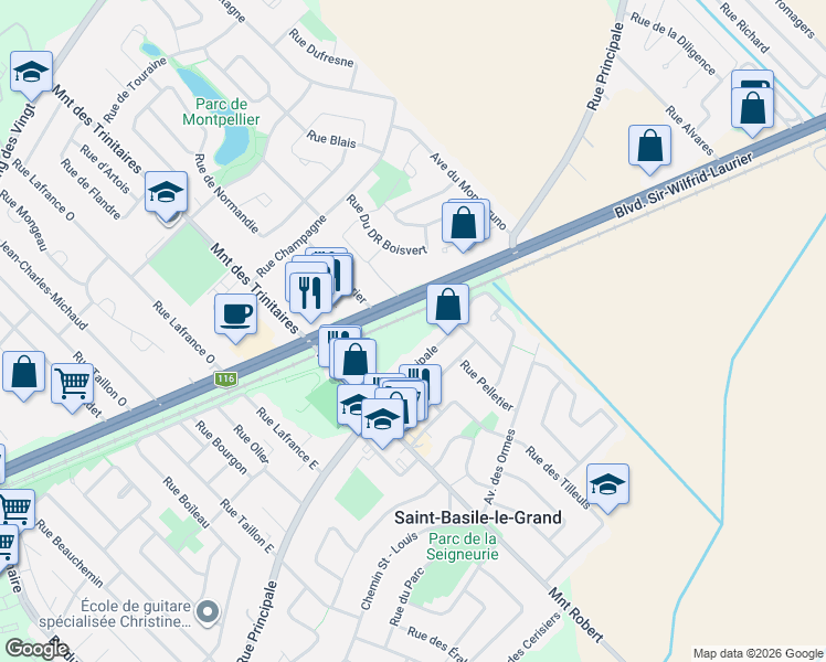 map of restaurants, bars, coffee shops, grocery stores, and more near 147 Rue Principale in Saint-Basile-le-Grand