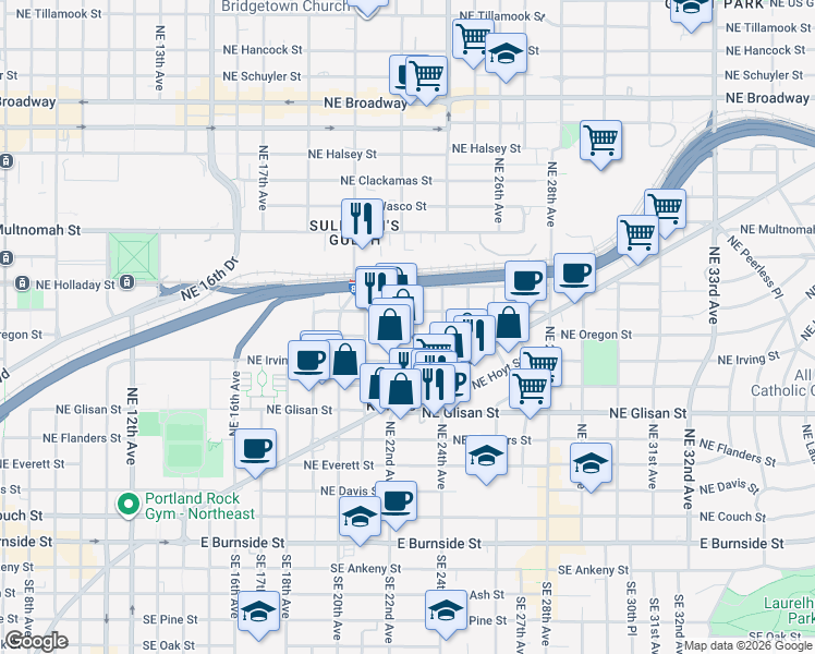 map of restaurants, bars, coffee shops, grocery stores, and more near 2211 Northeast Pacific Street in Portland