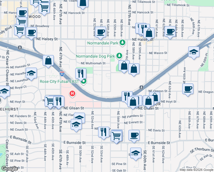 map of restaurants, bars, coffee shops, grocery stores, and more near 740 Northeast 53rd Avenue in Portland