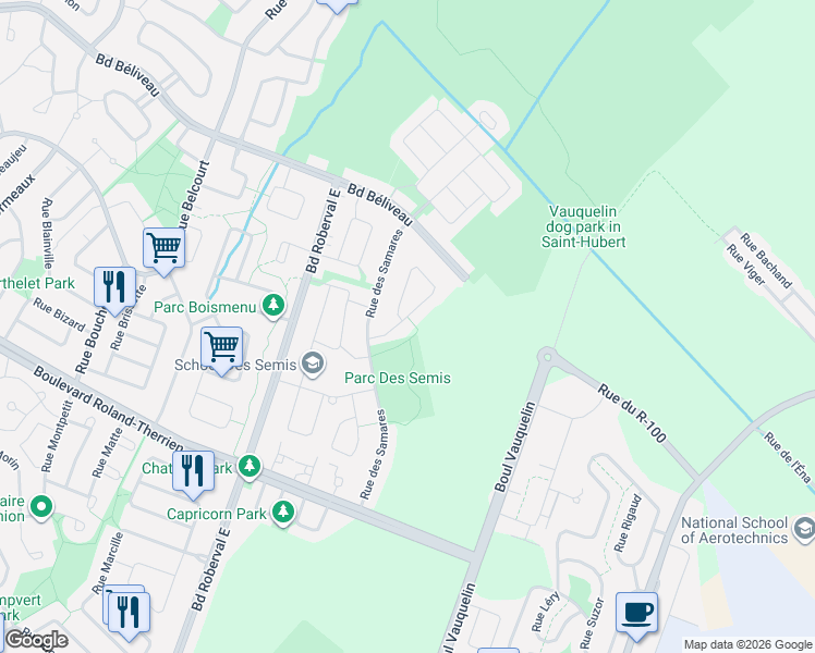 map of restaurants, bars, coffee shops, grocery stores, and more near 3372 Rue des Semis in Longueuil