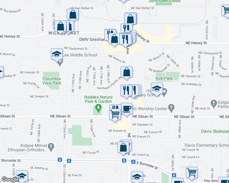 map of restaurants, bars, coffee shops, grocery stores, and more near 736 Northeast 178th Avenue in Portland