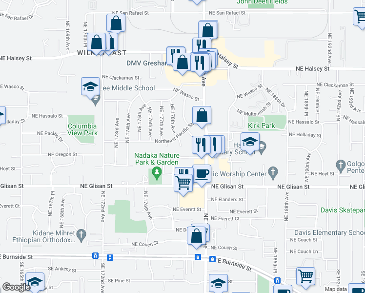 map of restaurants, bars, coffee shops, grocery stores, and more near 740 Northeast 178th Avenue in Portland