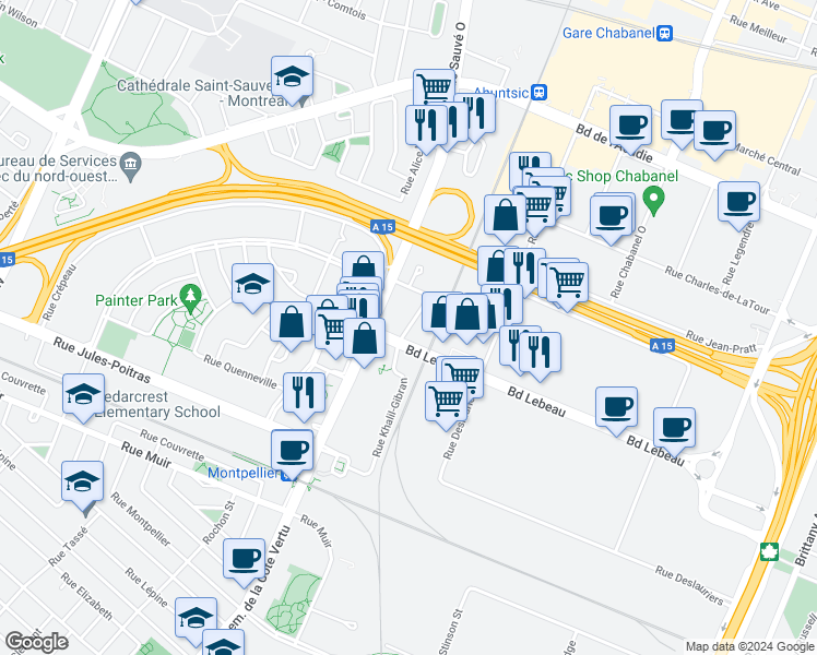 map of restaurants, bars, coffee shops, grocery stores, and more near Place Cote Vertu in Montreal