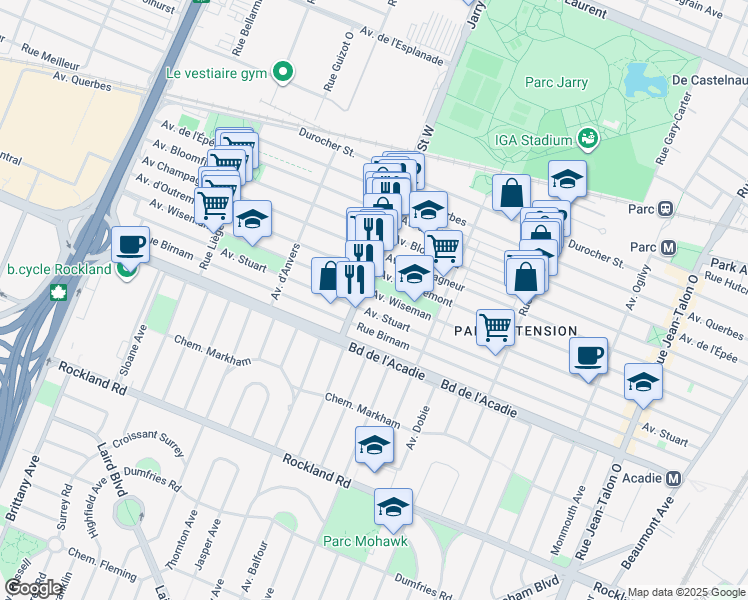 map of restaurants, bars, coffee shops, grocery stores, and more near 8050 Avenue Wiseman in Montréal