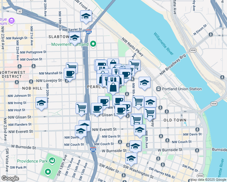 map of restaurants, bars, coffee shops, grocery stores, and more near 905 Northwest 12th Avenue in Portland