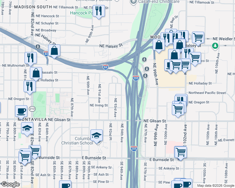 map of restaurants, bars, coffee shops, grocery stores, and more near 804 Northeast 93rd Avenue in Portland