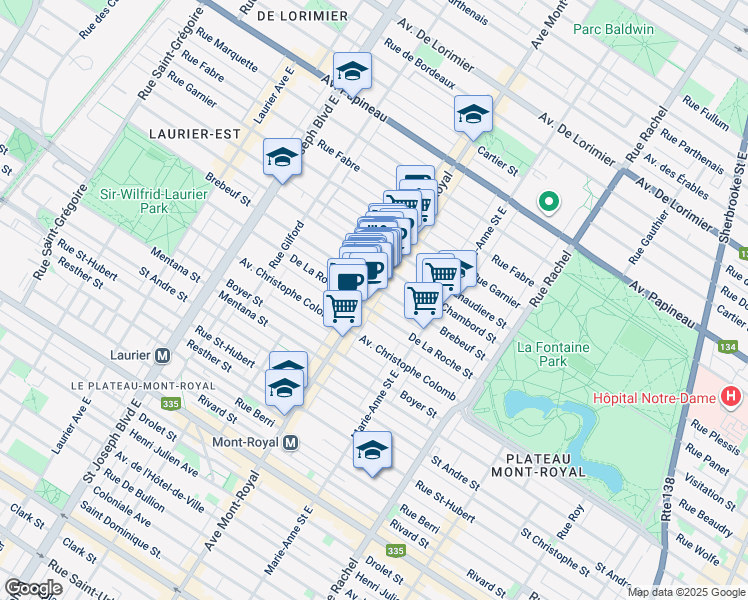 map of restaurants, bars, coffee shops, grocery stores, and more near 1215 Avenue du Mont-Royal Est in Montréal